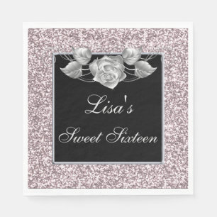 Serviette En Papier Chic Élégant Rose Pailleté Argent Sweet 16