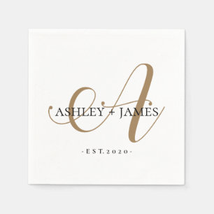 Serviette En Papier Chic Gold A Monogramme Nom du script Mariage Date
