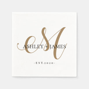 Serviette En Papier Chic Gold M Monogramme Nom du script Mariage Date