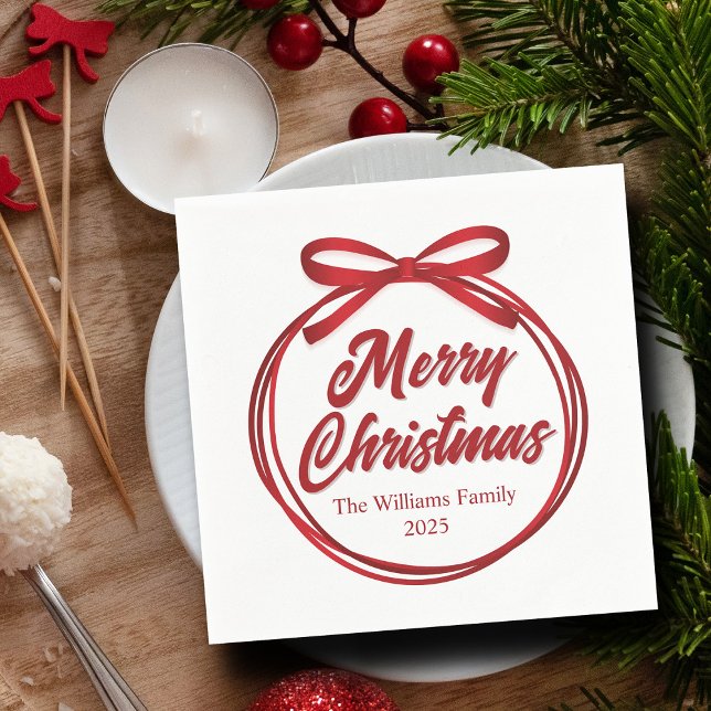 Serviette En Papier Chic Joyeux Noël Script Red Ribbon Bow Party (Créateur téléchargé)