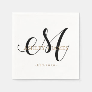 Serviette En Papier Chic M Monogram Gold Nom du script Mariage Date