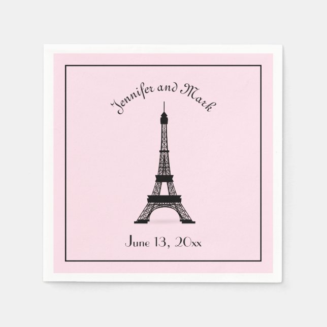 Serviette En Papier Chic Mariage Tour Eiffel en noir et rose (Devant)