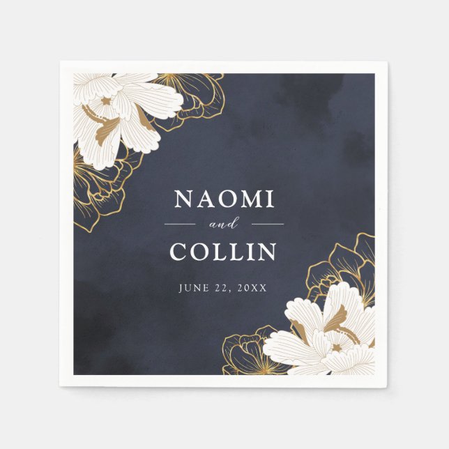 Serviette En Papier Chic Navy & Gold Floral Mariage (Devant)