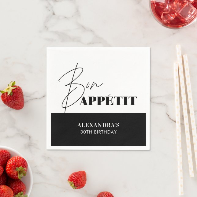 Serviette En Papier Chic noir et blanc Bon Appétit Script Anniversaire (En situation)
