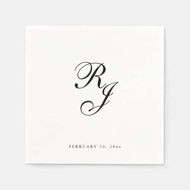 Serviette En Papier Chic noir et blanc Mariage Monogram (Devant)