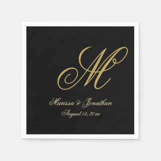 Serviette En Papier Chic or Monogramme Mariage noir