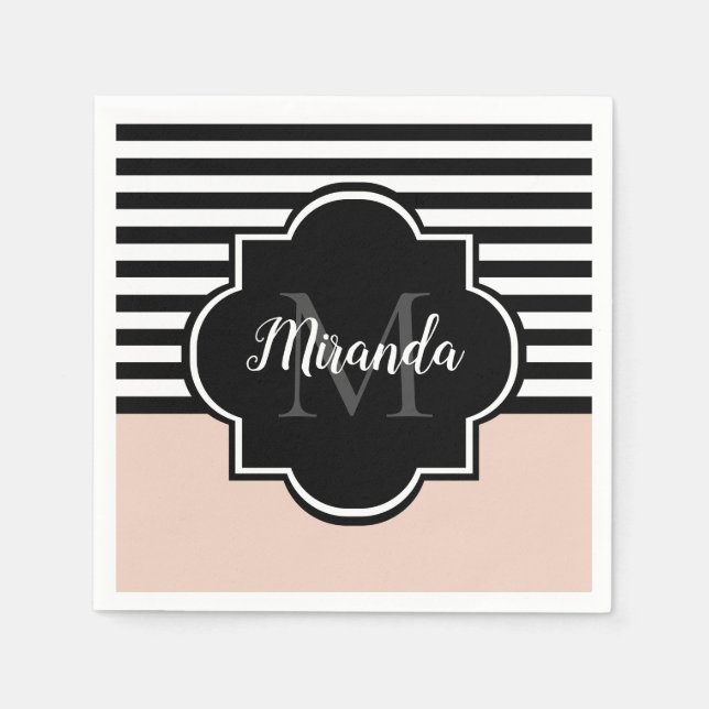 Serviette En Papier Chic rose et noir larges bandes Nom et monogramme (Devant)