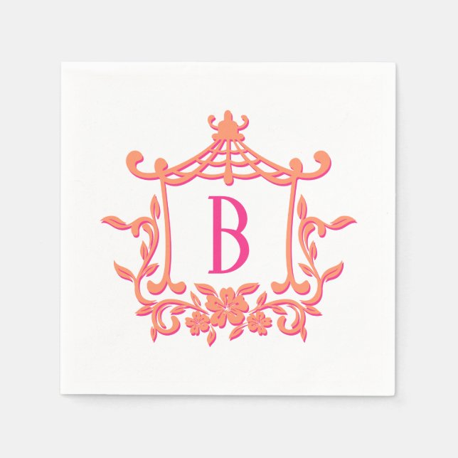 Serviette En Papier Chic rose orange pagode cadre Monogramme initial (Devant)