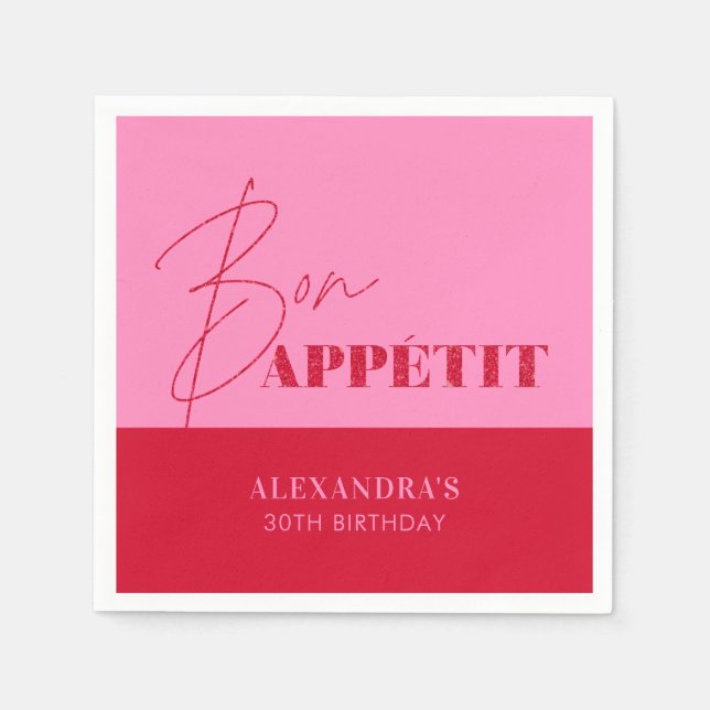 Serviette En Papier Chic Rose Rouge Bon Appétit Script Anniversaire (Devant)