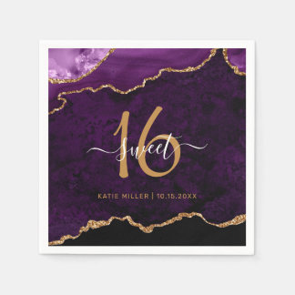 Serviette En Papier Chic Sweet 16 Purple Gold Agate Personnalisé Nom P