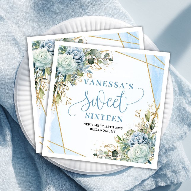 Serviette En Papier Chic Sweet Sixteen Blue and Gold Floral Table  (Chic Sweet Sixteen Blue and Gold Floral Table Paper Dinner Napkins)