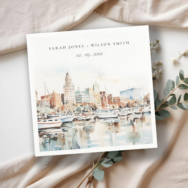 Serviette En Papier Chic Tampa Floride Skyline Mariage d'aquarelle (Créateur téléchargé)