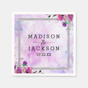 Serviette En Papier Chic violet floral et Mariage argenté