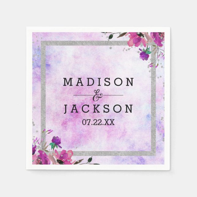 Serviette En Papier Chic violet floral et Mariage argenté (Devant)