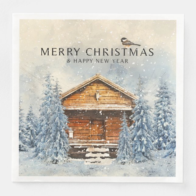 Serviette En Papier Chickadee Cabine d'hiver de bois d'hiver - Noël (Devant)