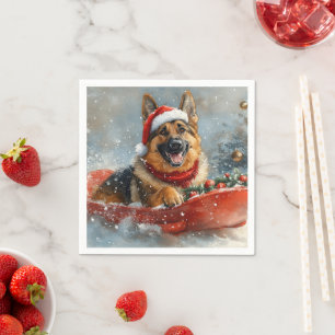 Serviette En Papier Chien Berger Allemand dans Schlitte Neige Noël