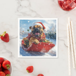 Serviette En Papier Chien Bouledogue dans Luge Laissez Tomber la Neige