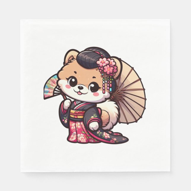 Serviette En Papier Chien de Poméranie Kimono (Devant)