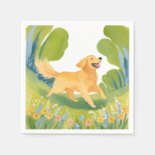 Serviette En Papier Chien Heureux Golden Retriever   Carte Aquarelle C