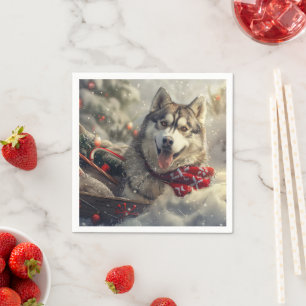Serviette En Papier Chien Husky Sibérien Noël Festif