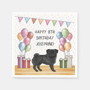 Serviette En Papier Chien noir Carlin coloré Pastels Joyeux Anniversai