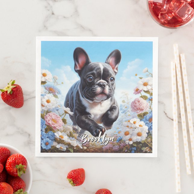 Serviette En Papier Chien-taureaux et fleurs français noir et blanc (En situation)