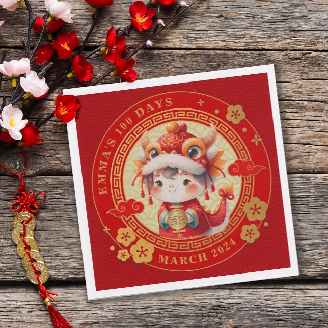 Serviette En Papier Chinois Traditionnel Bébé 100 Jours 百 日 Invitation (Embrace Joyful Moments! Elevate your celebration with napkins showcasing vibrant 100 days motifs.)