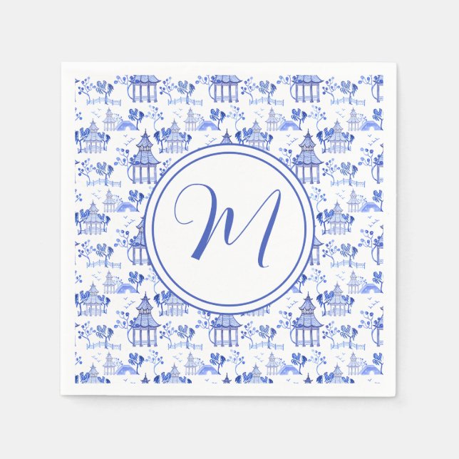Serviette En Papier Chinoiserie Aquarelle Pagode Motif Monogramme (Devant)