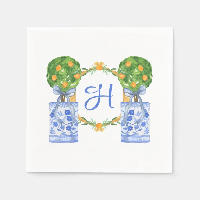 Serviette En Papier Chinoiserie Aquarelle Topiaire Monogramme (Devant)