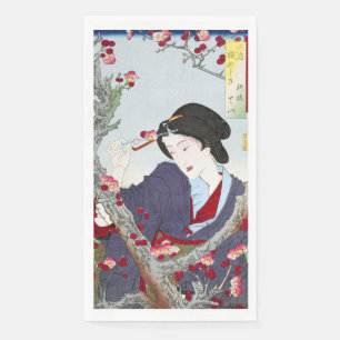Serviette En Papier Chinoiserie Dame japonaise et fleur de cerisier ro