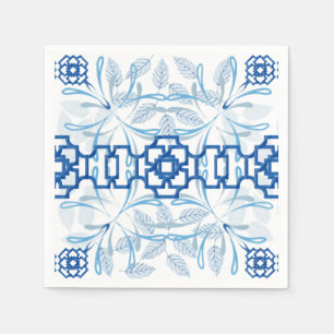 Serviette En Papier Chinoiserie florale géométrique bleue et blanche