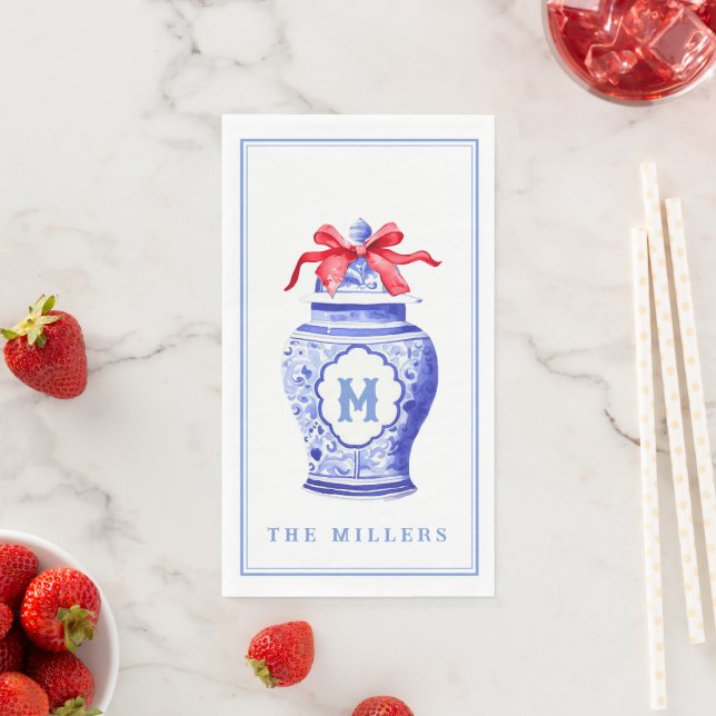 Serviette En Papier Chinoiserie Ginger Jar Monogramme | Bow rouge (En situation)