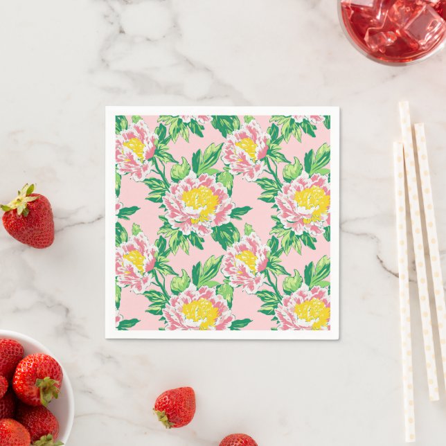 Serviette En Papier Chinoiserie rose et jaune Floral (En situation)
