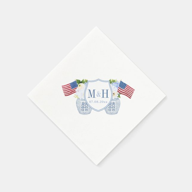 Serviette En Papier Chinoiserie Rouge Blanc Bleu Monogramme Soirée de  (Coin)