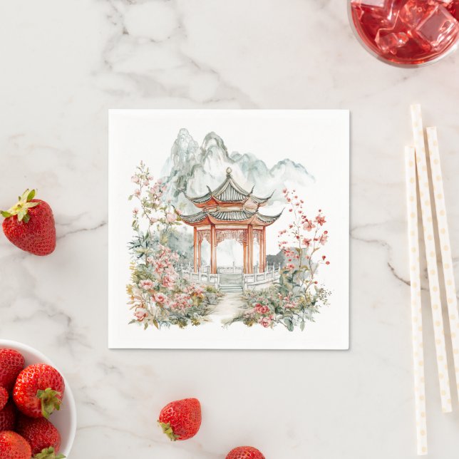 Serviette En Papier Chinoiserie Toile De Jouy Pagoda  (En situation)