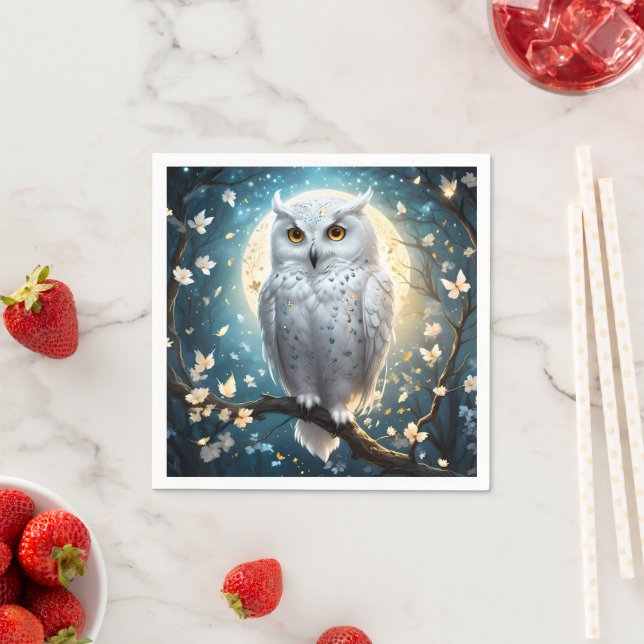 Serviette En Papier Chouette À Neige Et Lune Avec Étincelle, (En situation)