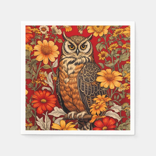 Serviette En Papier Chouette À Rayures Et Fleurs De Zinnia (Devant)