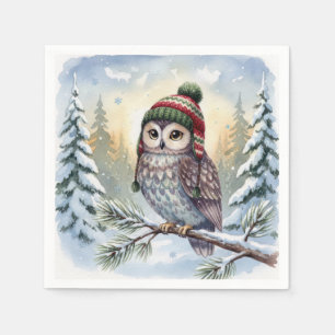 Serviette En Papier Chouette aquarelle au chapeau d'hiver