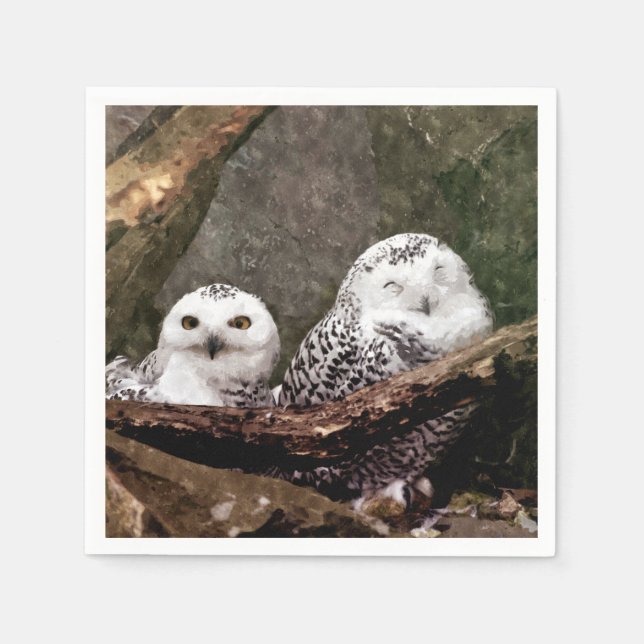 Serviette En Papier Chouette Harfang Couple Art Bois Faune Sauvage (Devant)