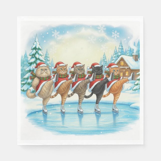 Serviette En Papier Christmas Cat Skaters, Napkins (Devant)