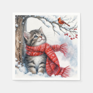 Serviette En Papier Christmas Kitty Regarder un cardinal