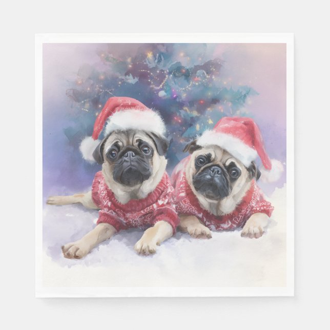 Serviette En Papier  Christmas Paper Napkin with two adorable pugs (Devant)