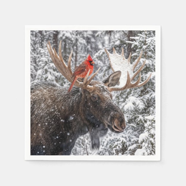 Serviette En Papier Christmas Red Cardinal On Snowy Moose Antlers (Devant)