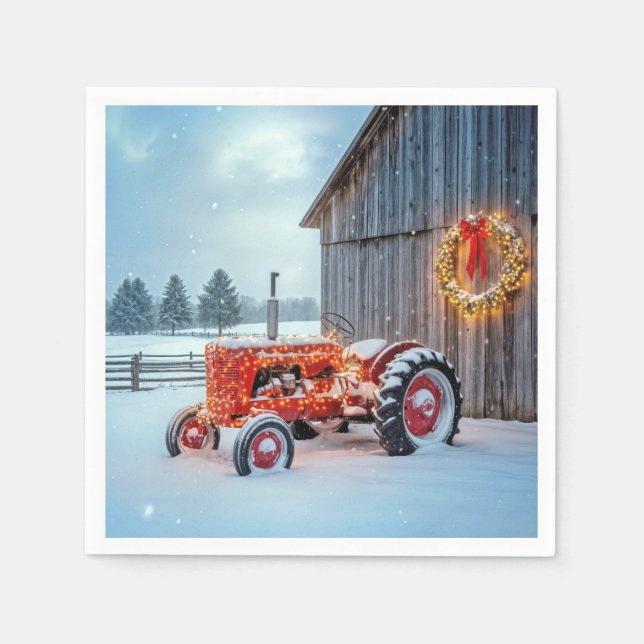 Serviette En Papier Christmas Red Farm Tractor In Snow (Devant)
