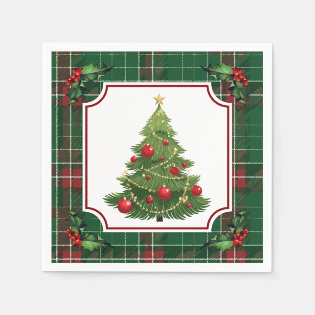 Serviette En Papier Christmas Tree Green Plaid with Holly (Devant)