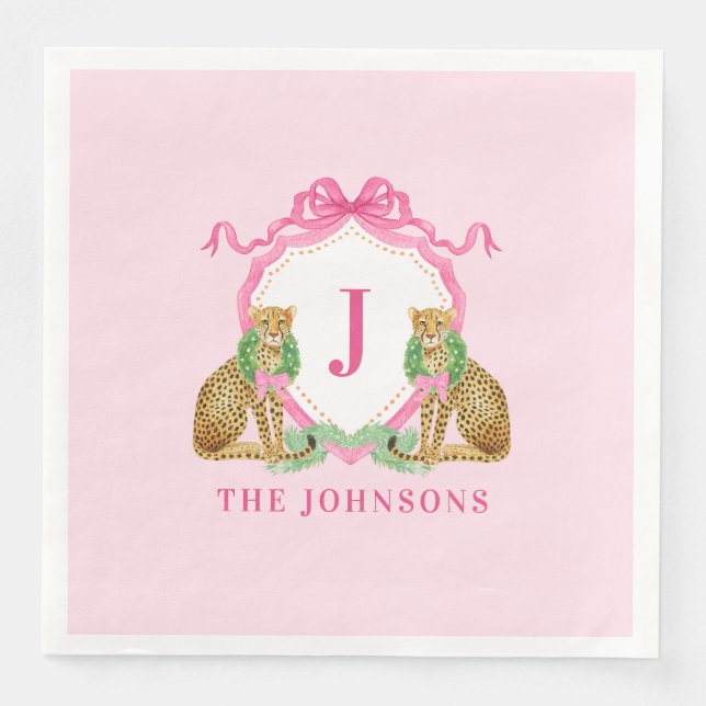 Serviette En Papier Christmas Wreath Leopard Crest Monogram  (Devant)