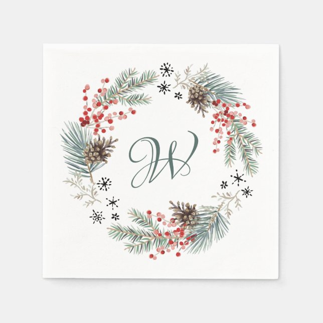 Serviette En Papier Christmas Wreath Pine Berry Snowflakes Monogram (Devant)