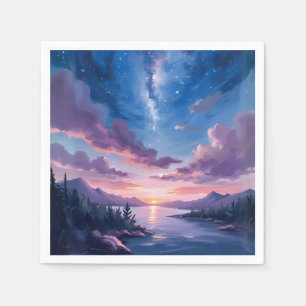 Serviette En Papier Ciel de Nuit   Lac Étoilé Violet Aquarelle