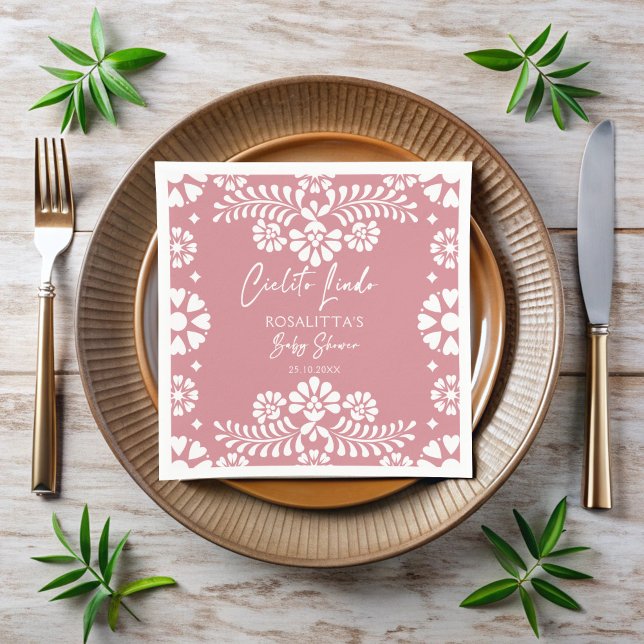 Serviette En Papier Cielito lindo baby shower mexicain rose pâle (Cielito lindo dusty pink Mexican fiesta papel picado baby shower monogrammed personalized Napkins)