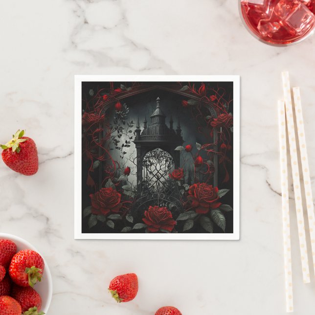 Serviette En Papier Cimetière gothique Jardin Rose avec Rouge et Noir (En situation)